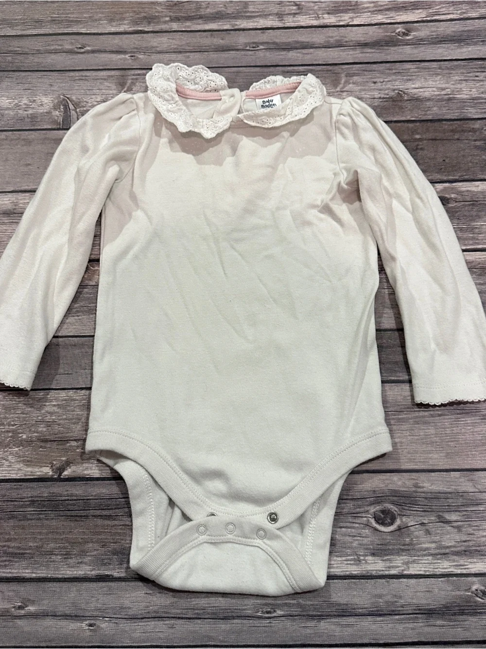 Baby Boden white onesie with lace collar fair light stains, size 2-3 years
